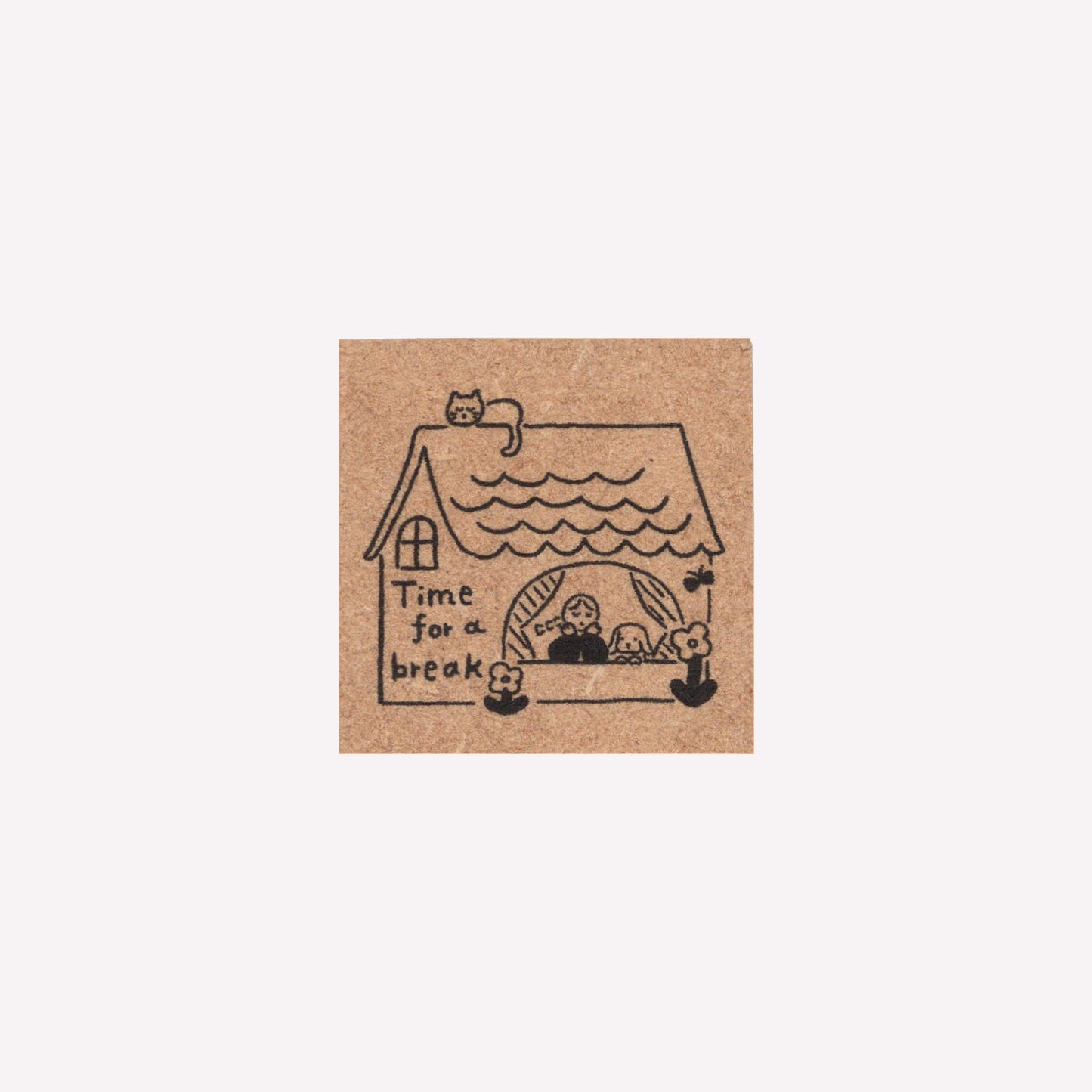 Rubber journalling stamp with a design of a girl in a house with lettering reading "time for a break"