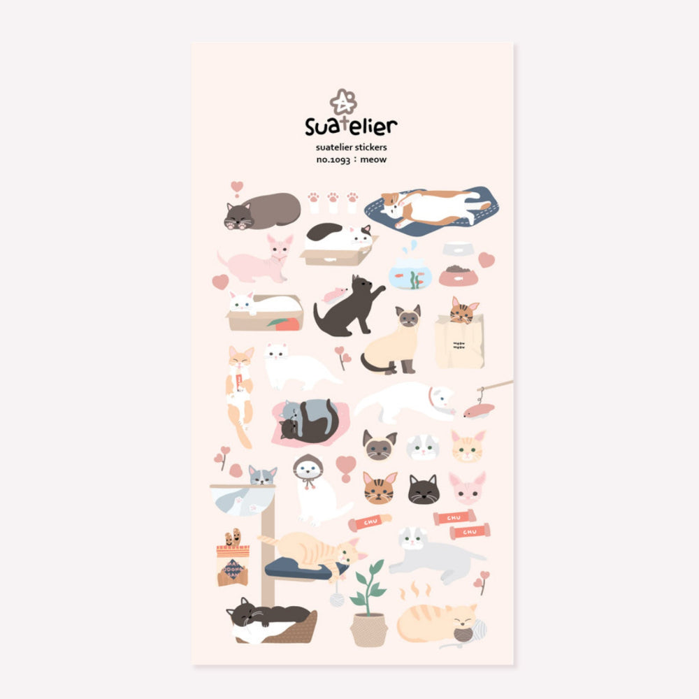 Illustrated sticker sheet no. 1093 "meow" by Suatelier. This sticker sheet features a range of cats sleeping, playing and eating, as well as cat treats, food bowl, cat toy and paw stickers.