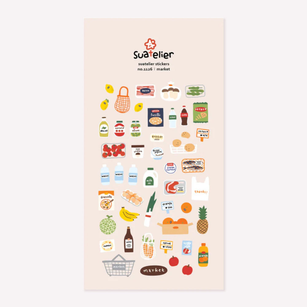 Illustrated sticker sheet no. 1126 "market" by Suatelier. This sticker sheet features a range of market and grocery stickers, including shopping bags, fruits and vegetables as well as cans and packets of food.