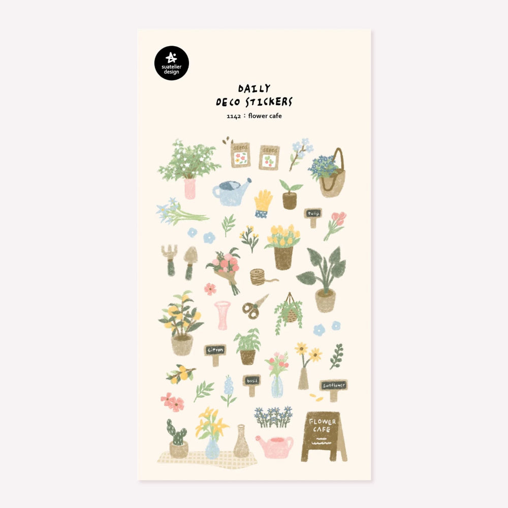 Illustrated sticker sheet no. 1142 "flower cafe" by Suatelier. This sticker sheet features a range of flower shop themed stickers, including flower bouquets, house plants, miniature plant label markers, twine and gardening tools.