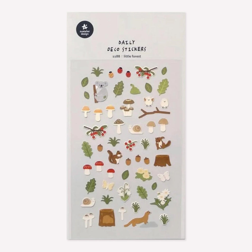 Illustrated sticker sheet no. 1188 "little forest" by Suatelier. This sticker sheet features a range of woodland and forest themed stickers, including leaves, mushrooms, birds, snails, squirrels and other plants.