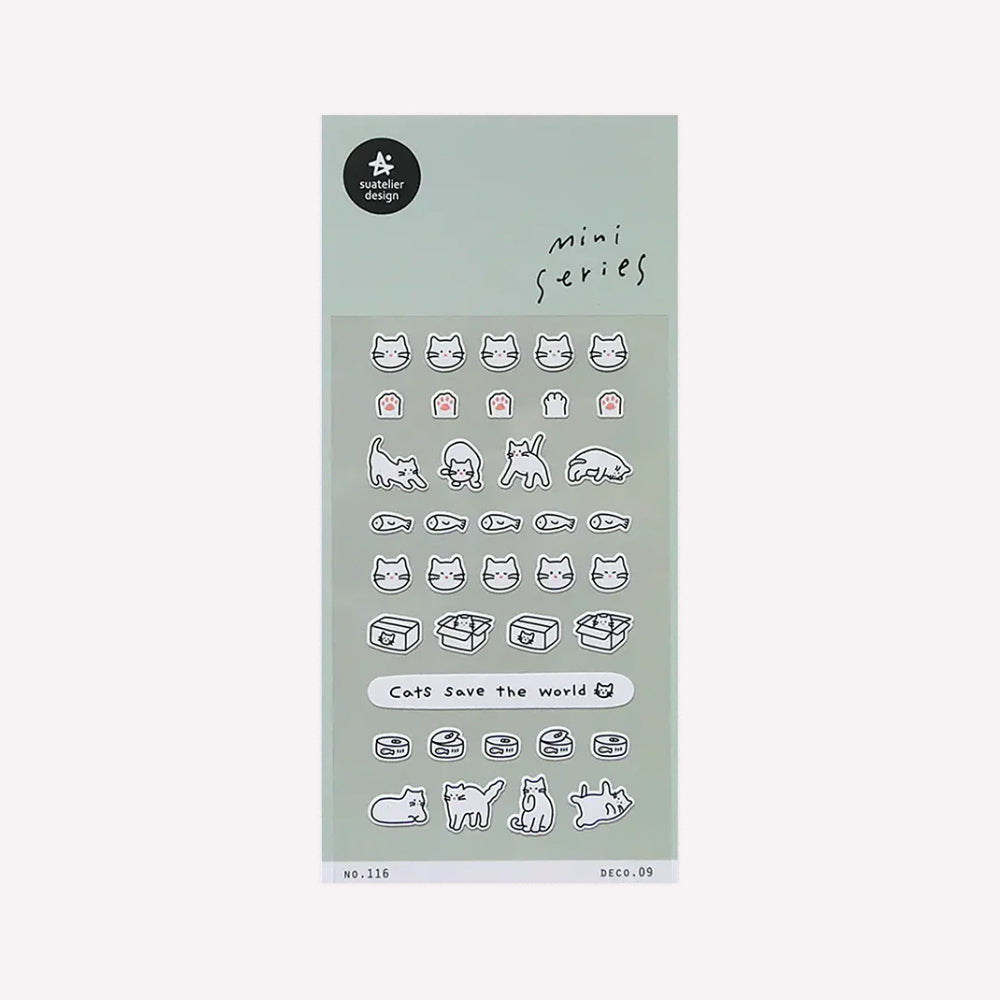 Suatelier Mini Series Daily Deco 09 sticker sheet featuring 38 tiny black and white cat stickers.