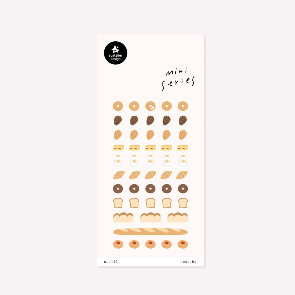 Illustrated mini series sticker sheet no. 112 food.04 by Suatelier. This sticker sheet features a range of bakery, bread and pastry items, including crossiants, doughnuts, bagels, butter, milk and loaves of bread.