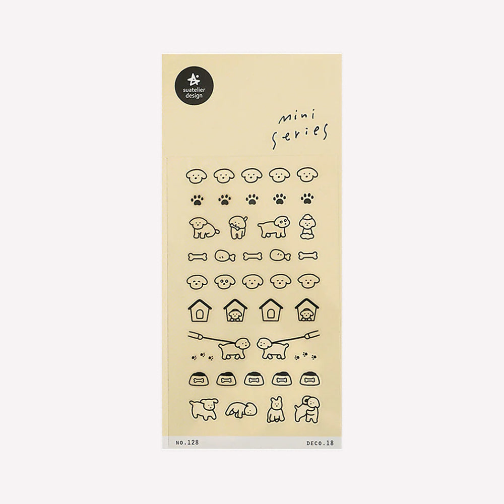 Suatelier Mini Series daily deco 18 sticker sheet with 41 tiny dog stickers on a yellow background.