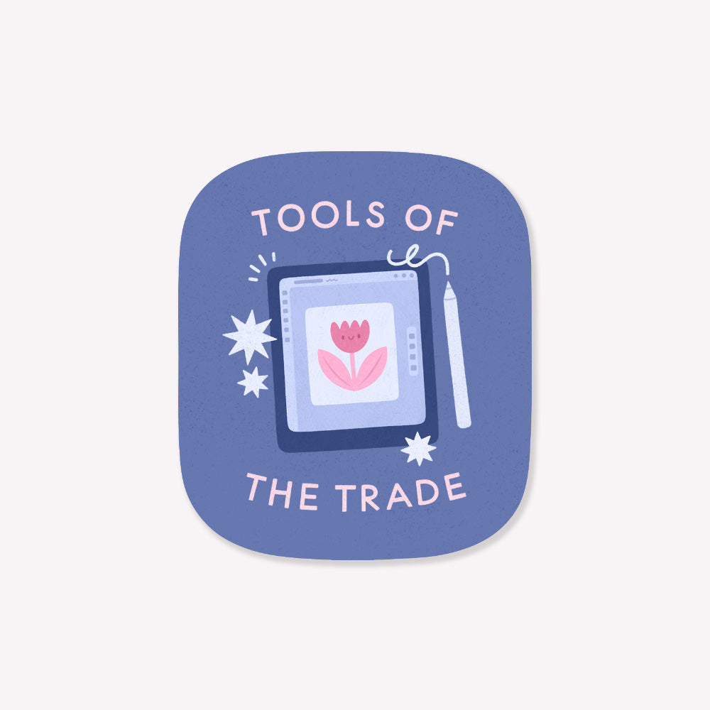 Paper 7x7cm sticker with 'Tools of the Trade' text and an illustration of an IPad on a blue background