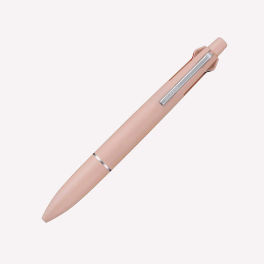 Uni jetstream lite 4+1 gel pen and mechanical pencils with a coral pink barrel on a white background.