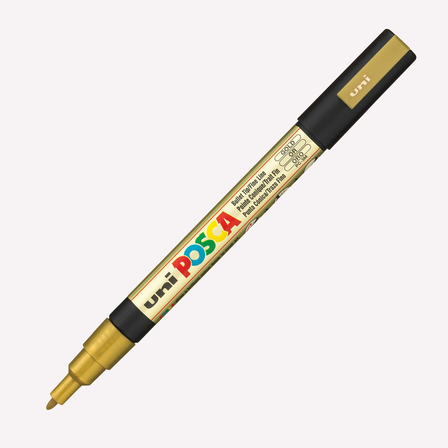 Uni Posca 3m Paint Marker in Gold with an open lid showing the fine 1.3mm nib.