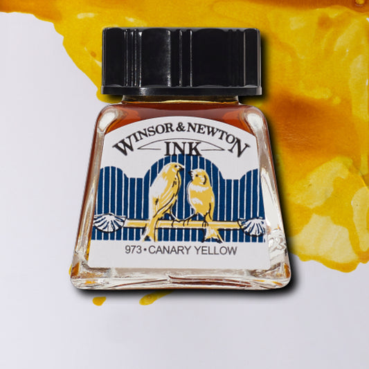 Vibrant, fast-drying drawing ink by wisnsor and newton in Canary Yellow. packaged in a 14ml glass jar with a black lid.