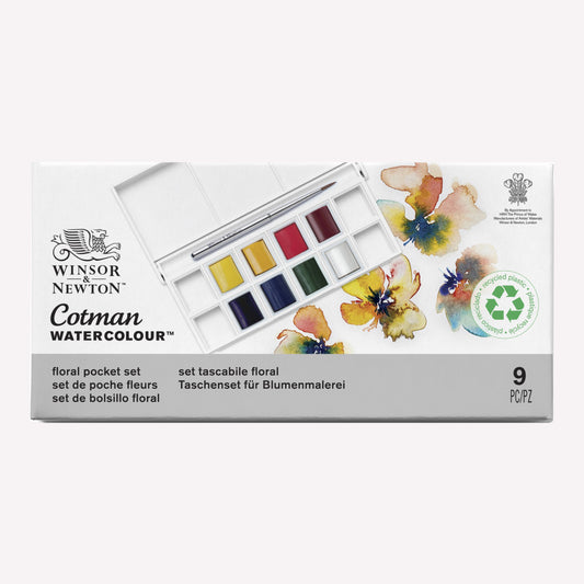 Cotman Watercolour Floral pocket set, presented in packaging that shows the 8 half pans included, alongside examples of botanical work you can create using this set. 
