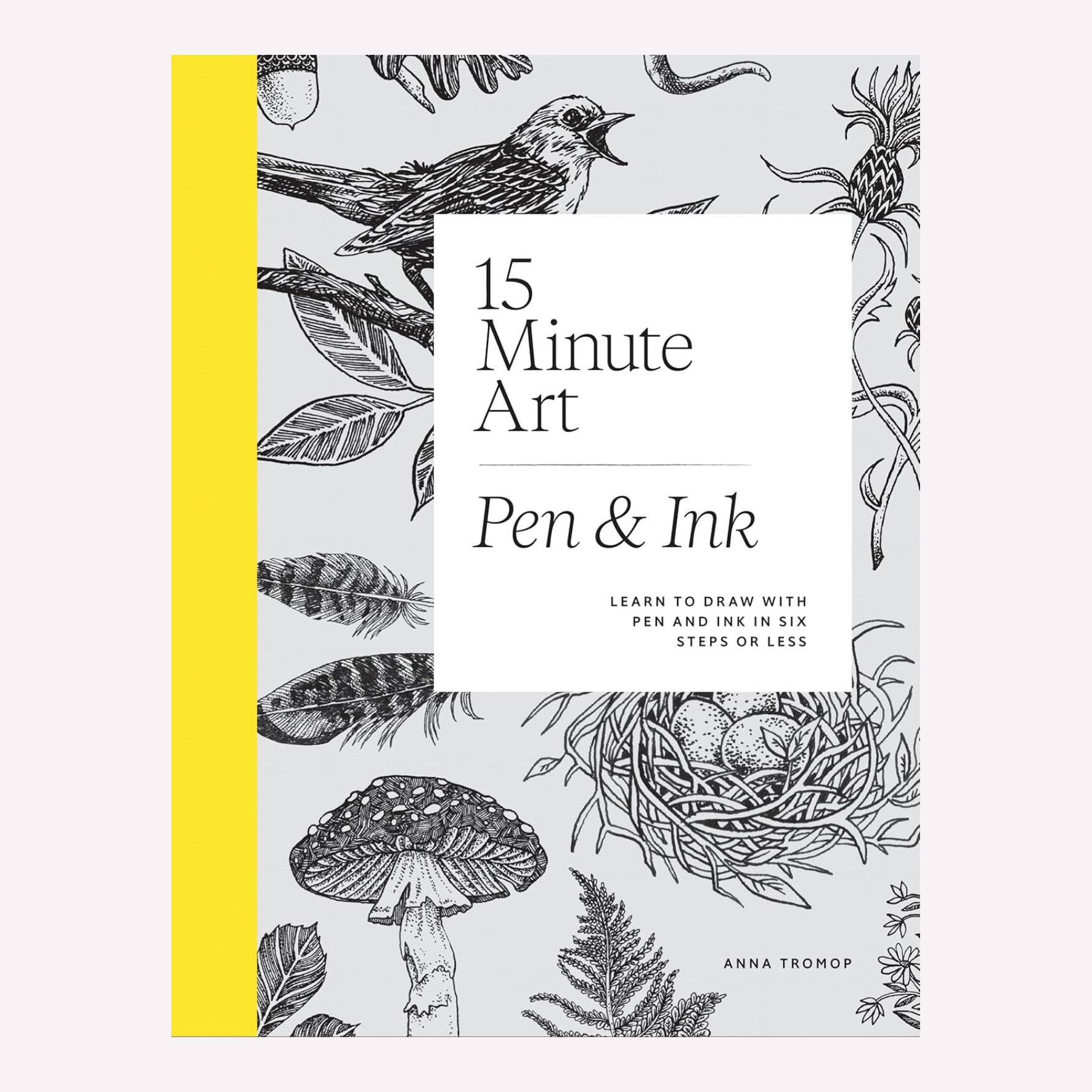 Front cover of 15 Minute Art: Pen and Ink Book by Anna Tromop, with detailed inks drawing illustrations of birds, leaves, feathers and mushrooms. 