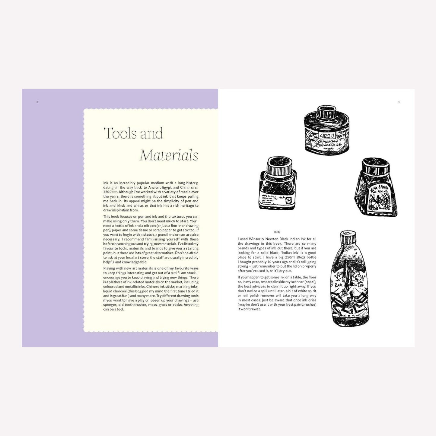 Inside 15 Minute Art: Pen and Ink by Anna Tromop. This page details the tools and materials needed to start pen and ink drawing. 