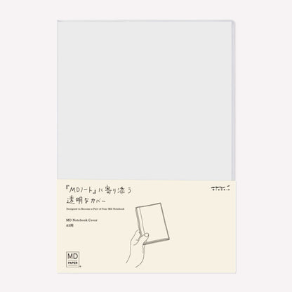 MD clear PVC notebook cover to suit the MD A5 notebook, packaged with minimal white design. 