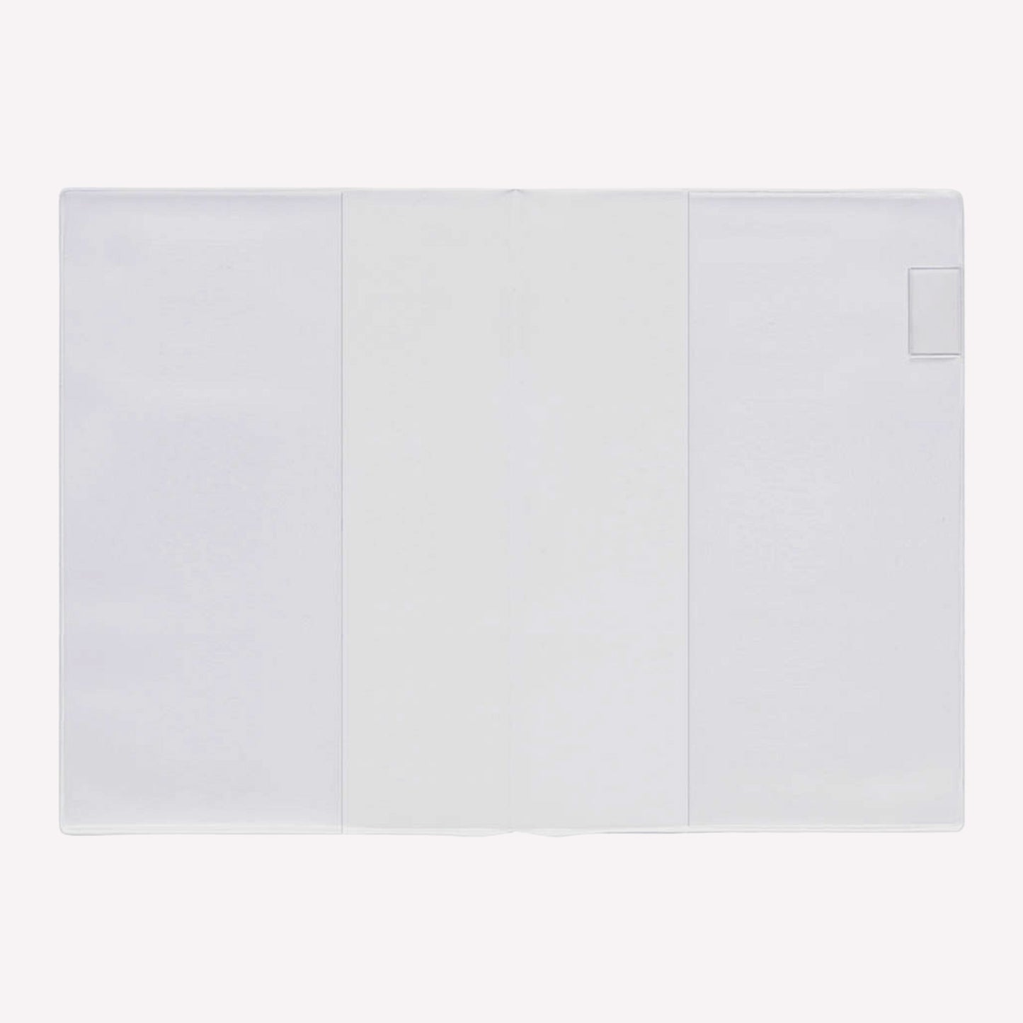 MD clear PVC notebook cover to designed to fit the MD A5 notebook, shown open with a clear pen loop on the side. 