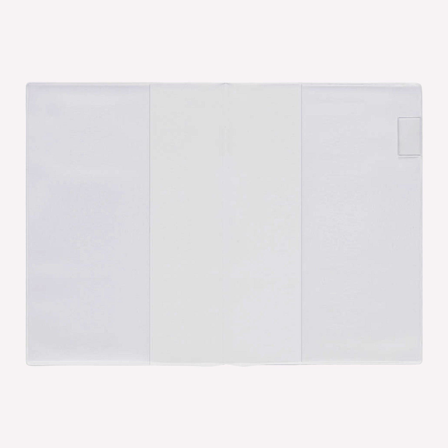 MD clear PVC notebook cover to designed to fit the MD A5 notebook, shown open with a clear pen loop on the side. 
