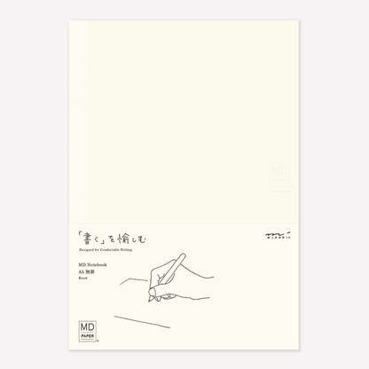 MD Paper A5 Notebook packaged with a minimalist design featuring text on a white background. 
