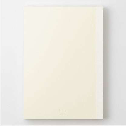 MD Product A5 notebook with a minimal cream cover, thread binding and the MD logo embossed on the back. 