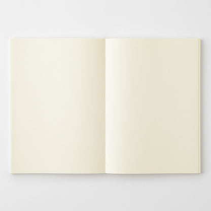 MD Product A5 notebook with blank pages featuring a thread-sewn binding to open flat. 