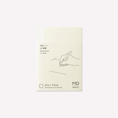 MD Product A7 blank Notebook packaged with a minimalist design featuring text on a white background.