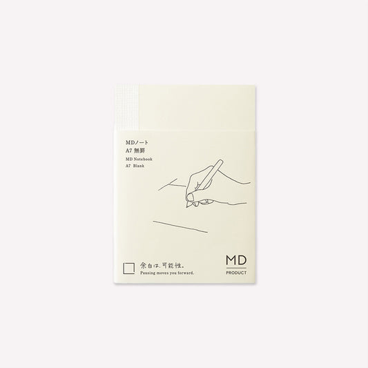 MD Product A7 blank Notebook packaged with a minimalist design featuring text on a white background.