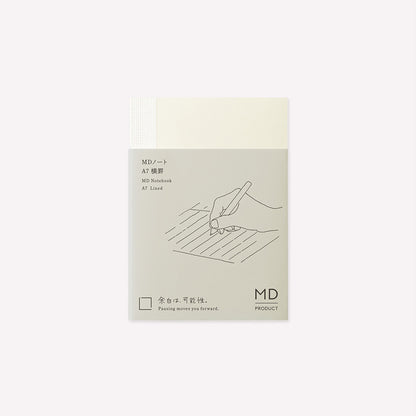 MD Product A7 Lined Notebook packaged with a minimalist design featuring text on a white background.