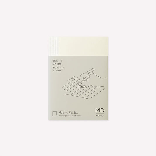 MD Product A7 Lined Notebook packaged with a minimalist design featuring text on a white background.