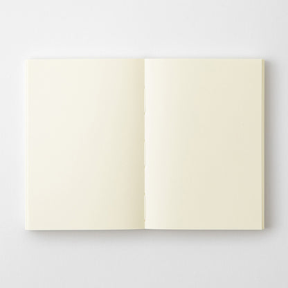 MD Product A7 notebook with open blank pages and stitch thread binding. 