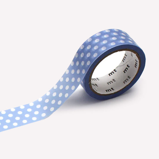 Roll of MT Washi lightblue purple tape with a pattern of white polkadots. 