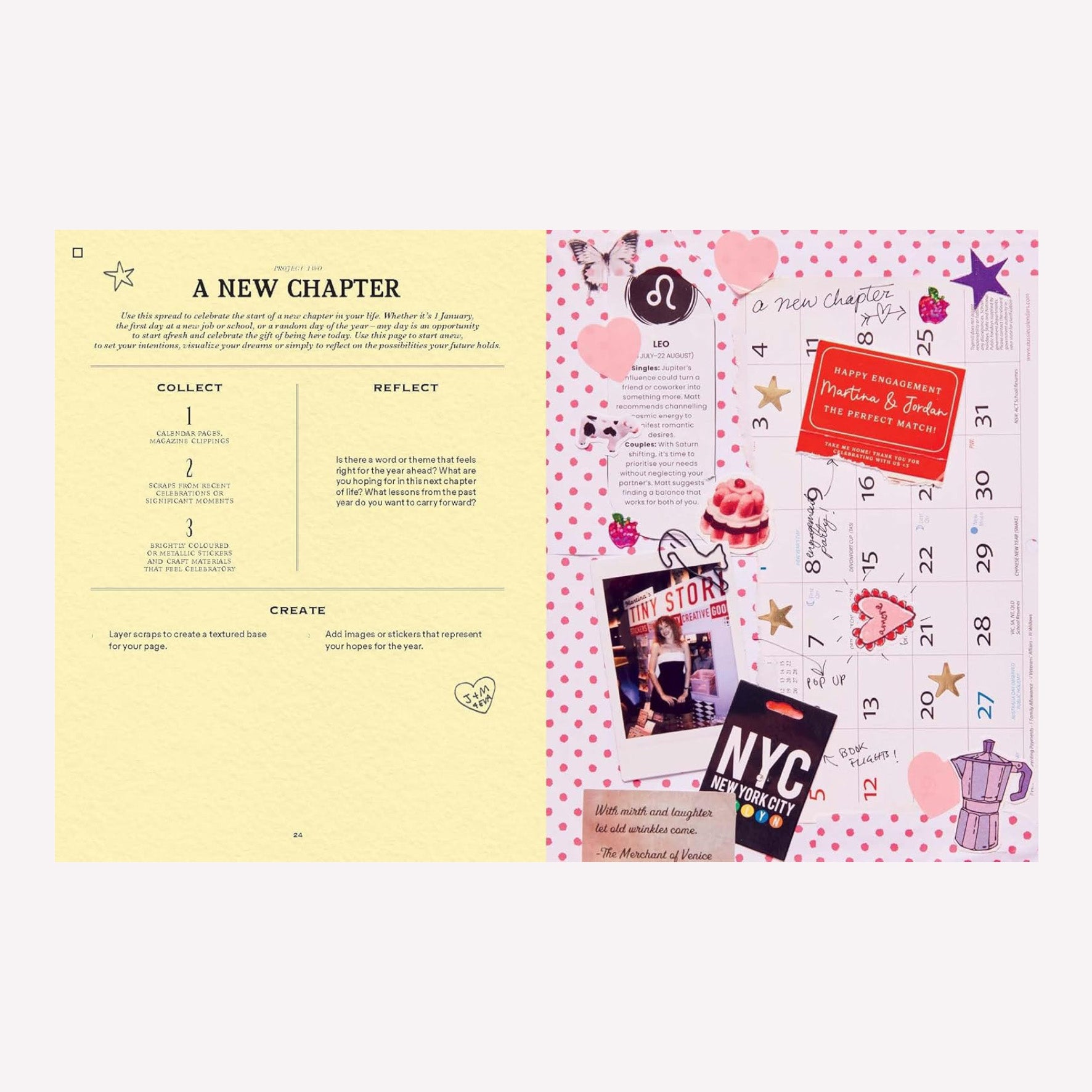 Inside "A Year of Junk Journaling" by Martina Calvi. Pages include a journalling project about starting a new chapter alongside an example spread from Martina's own junk journal.