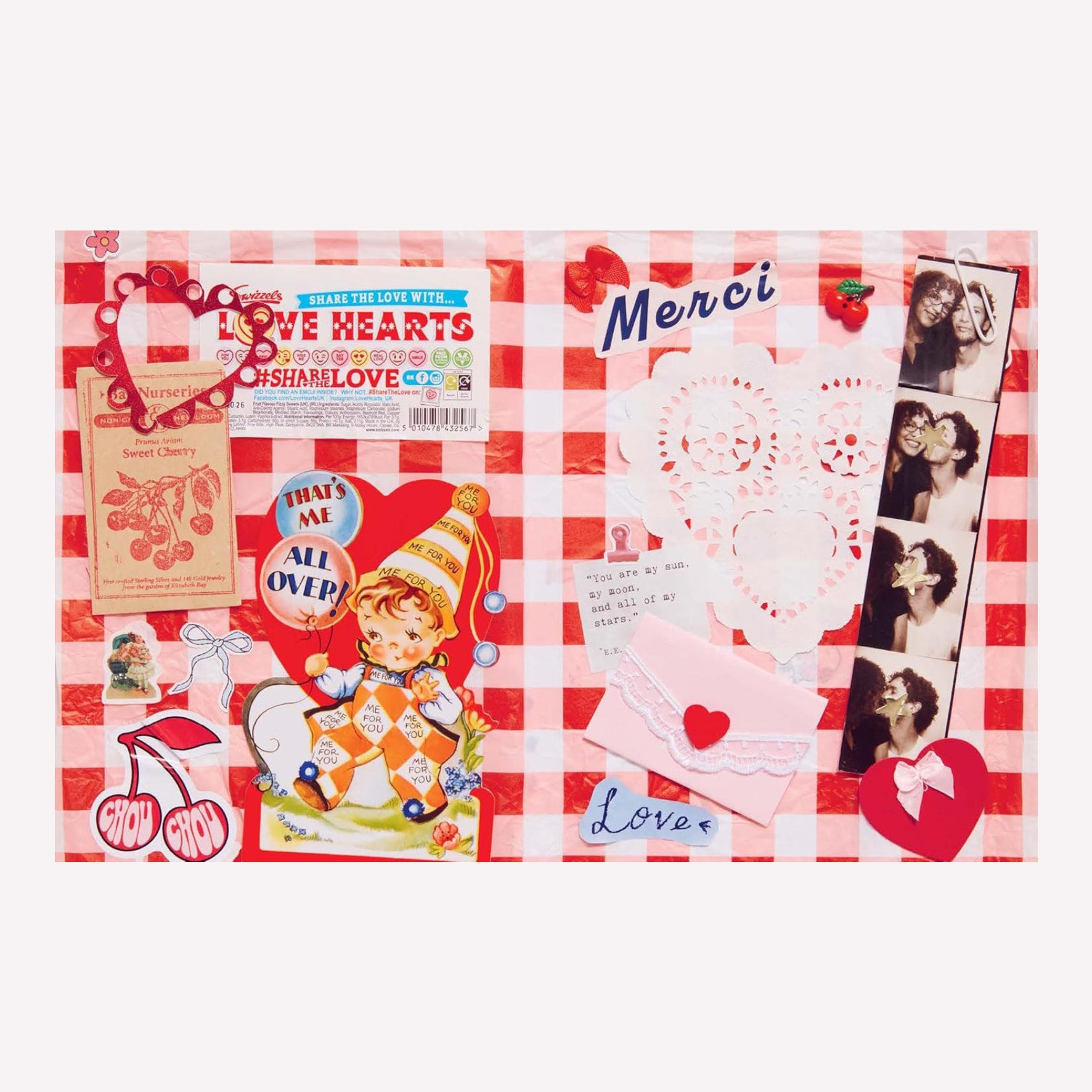 Inside "A Year of Junk Journaling" by Martina Calvi. Pages offer a look inside Martina's journal with a collection of vintage paper pieces on a red gingham background. 