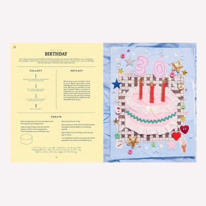 Inside "A Year of Junk Journaling" by Martina Calvi. Pages include a birthday themed journal project alongside a look at Martina's 30th birthday journal page. 