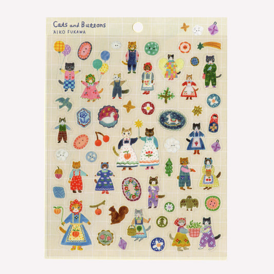 Cozyca aiko fukawa cats & buttons sticker sheet with 54 PET stickers of cat characters and small floral designs for scrapbooking and journalling. 