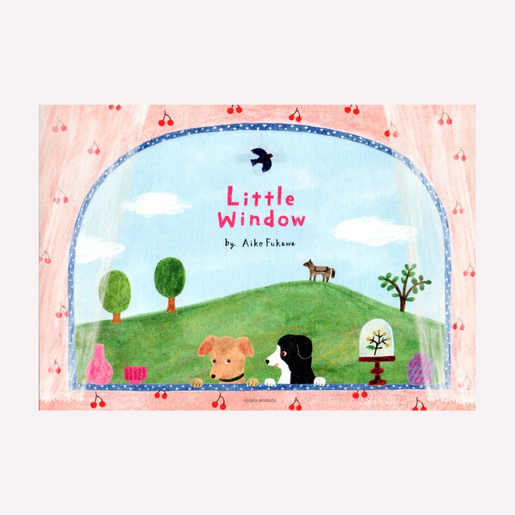 Aiko Fukawa Cozyca little window letter writing pad cover featuring an illustration of two cute dogs peeking through a window over a cherry pattern. 