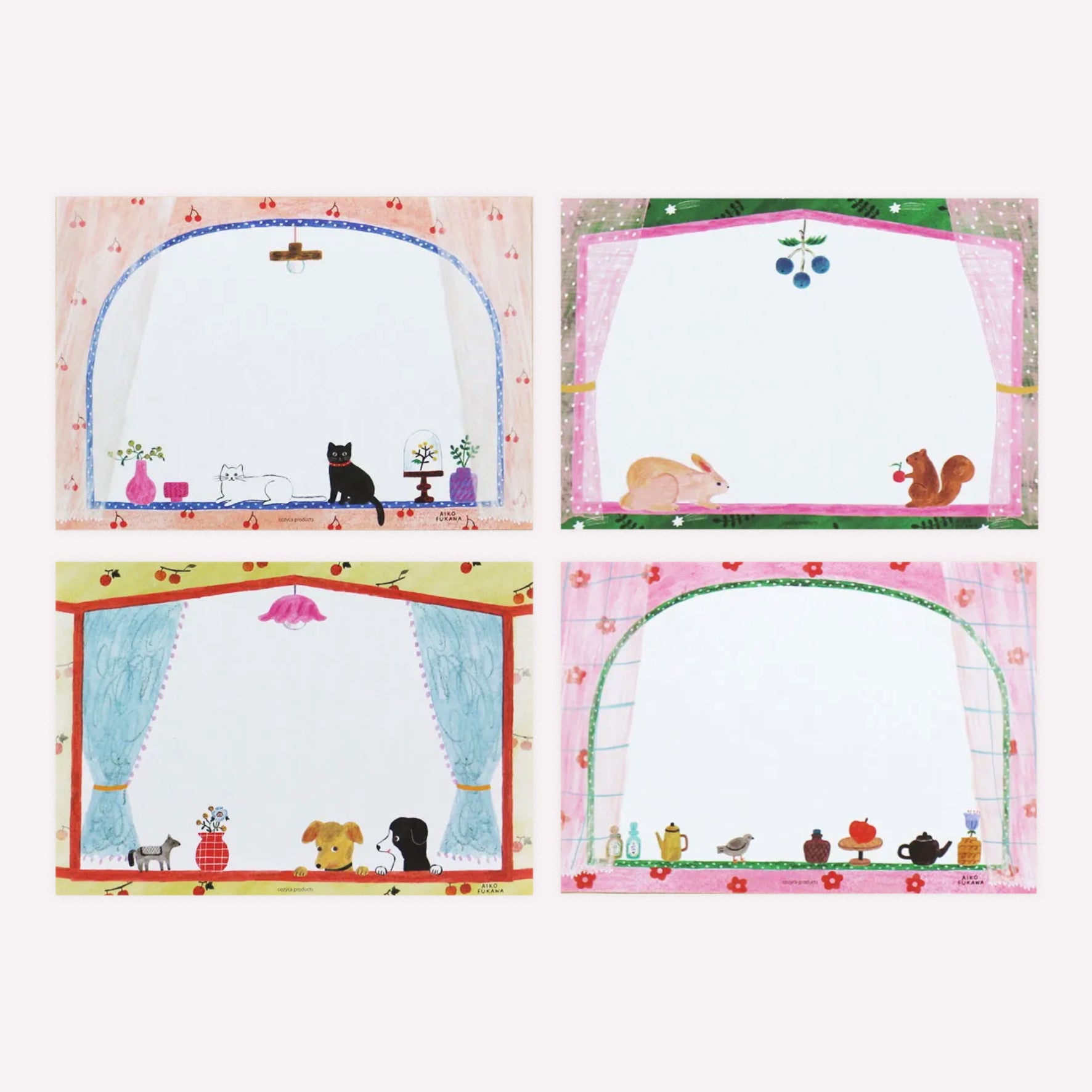 Aiko Fukawa Cozyca little window lettering writing paper with various window frame designs featuring cute animals. 