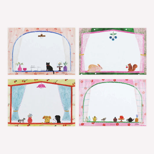 Aiko Fukawa Cozyca little window lettering writing paper with various window frame designs featuring cute animals. 