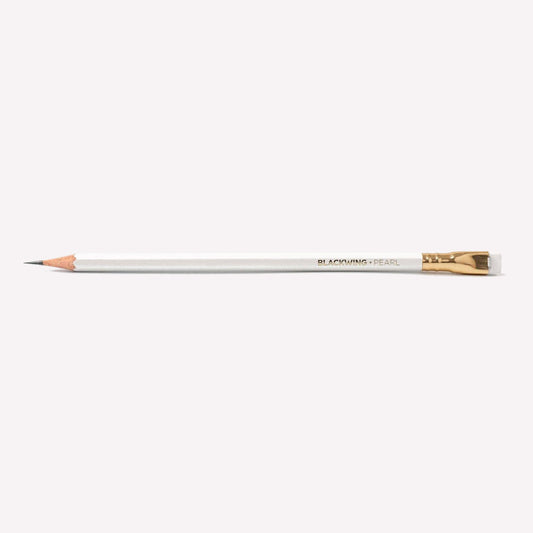 Blackwing pearl graphite drawing pencil with a white barrel and white eraser. 