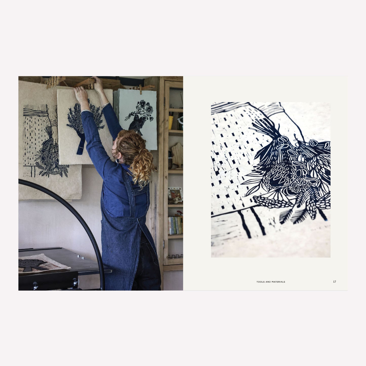 Internal book spread in ‘Botanical Block Printing’ showing artist Rosanna Martin in her print studio, alongside a beautifully photographed example of her botanical Lino prints.