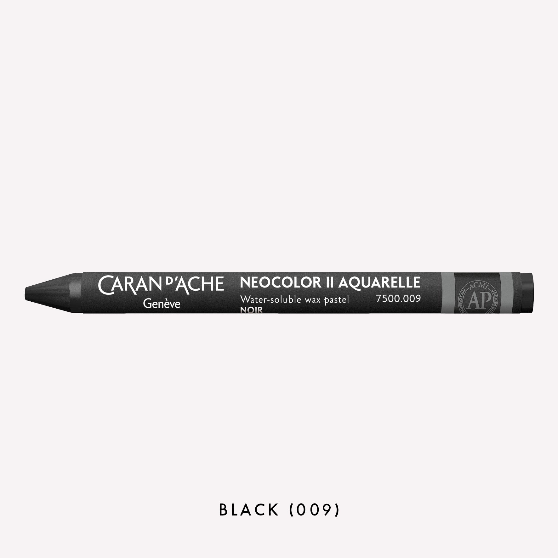 Caran d'Ache Neocolor II Aquarelle water-soluble wax pastel in Black (009) on a white background. 