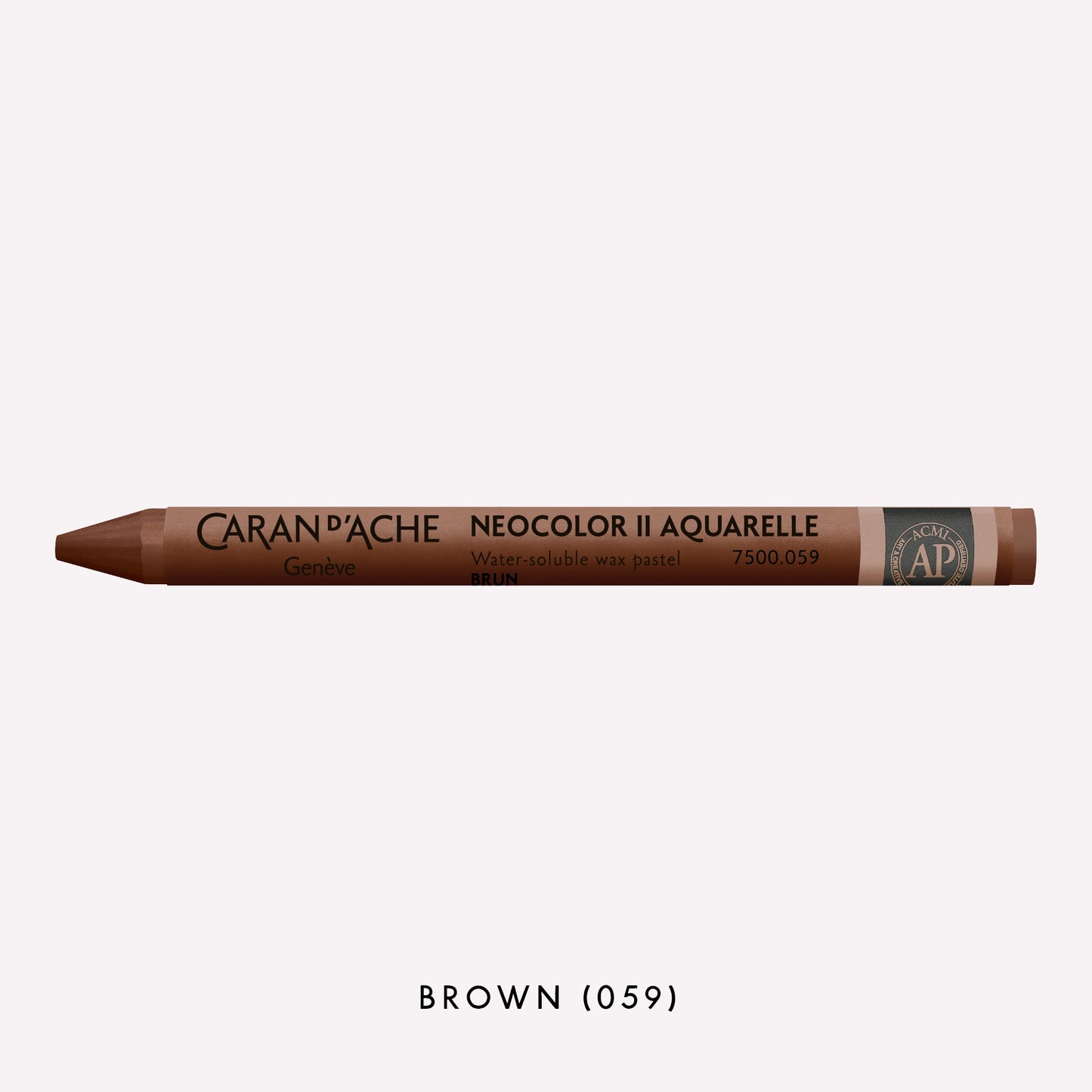 Caran d'Ache Neocolor II Aquarelle water-soluble wax pastel in Brown (059) on a white background. 
