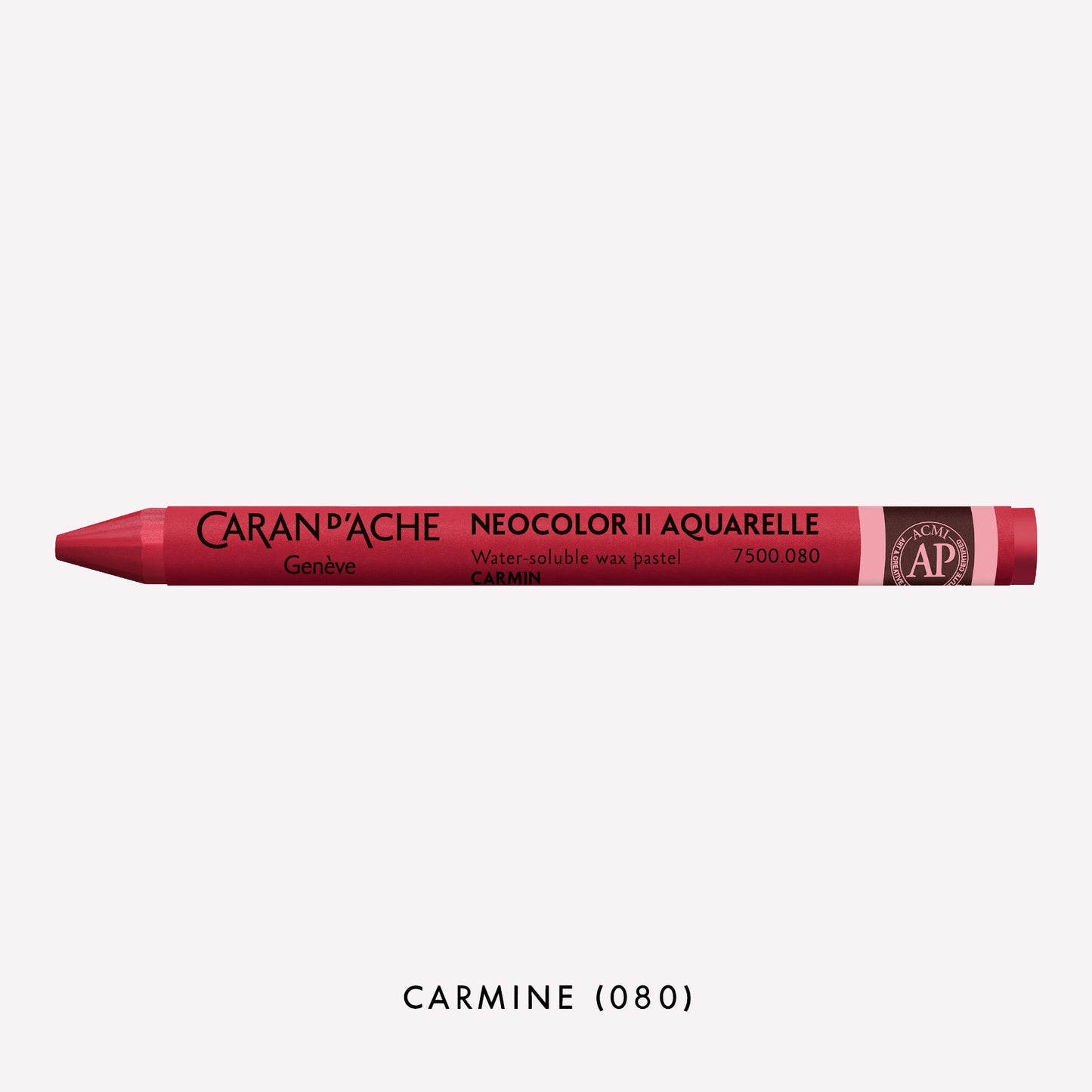 Caran d'Ache Neocolor II Aquarelle water-soluble wax pastel in Carmine (080) on a white background. 