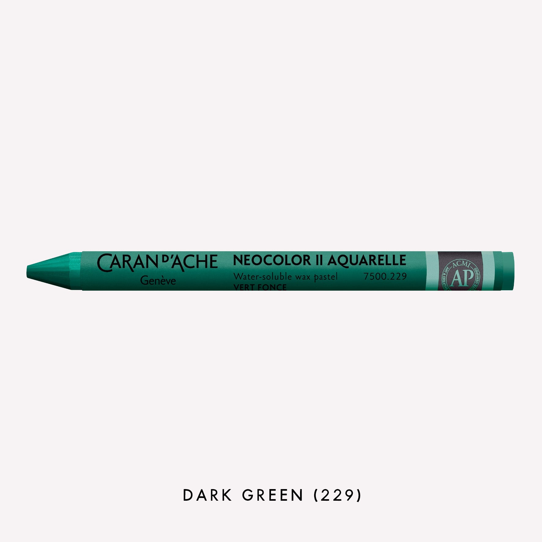 Caran d'Ache Neocolor II Aquarelle water-soluble wax pastel in Dark Green (229) on a white background. 
