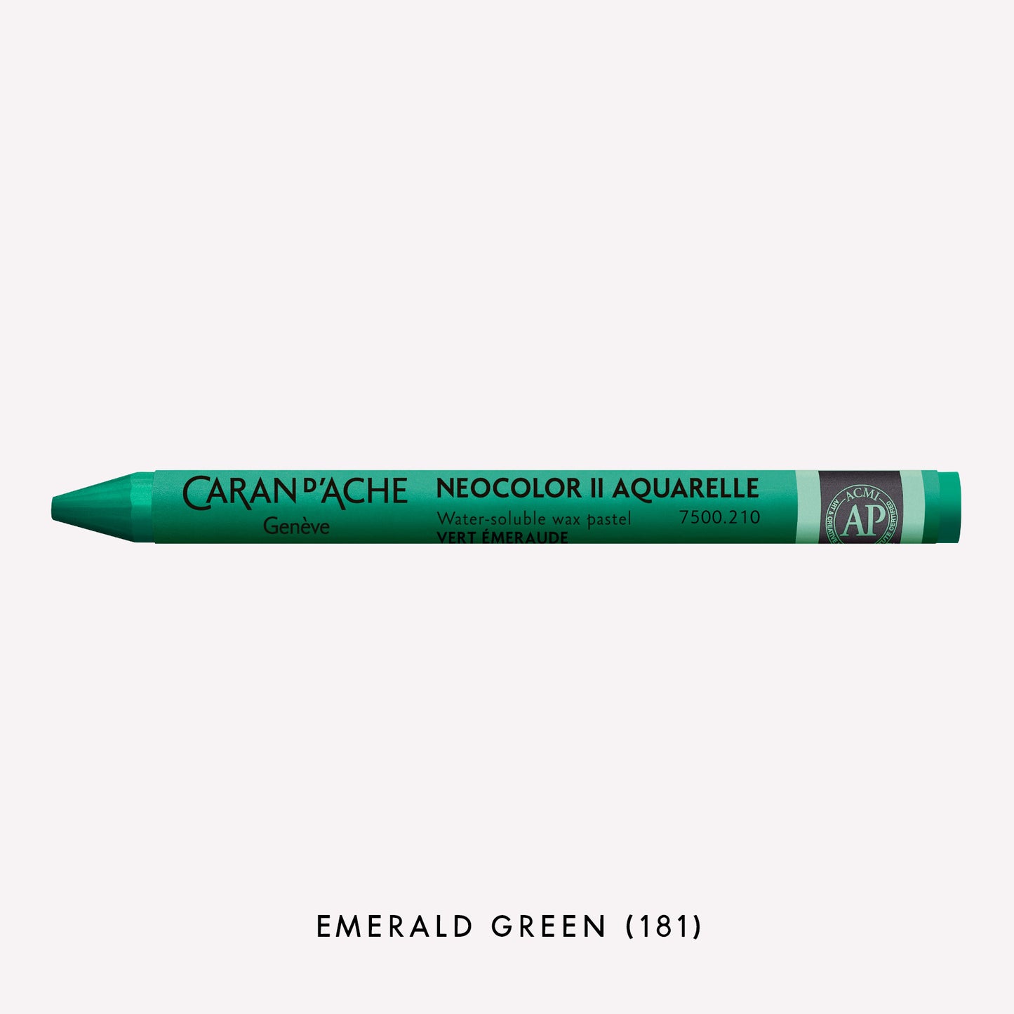 Caran d'Ache Neocolor II Aquarelle water-soluble wax pastel in Emerald Green (181) on a white background. 