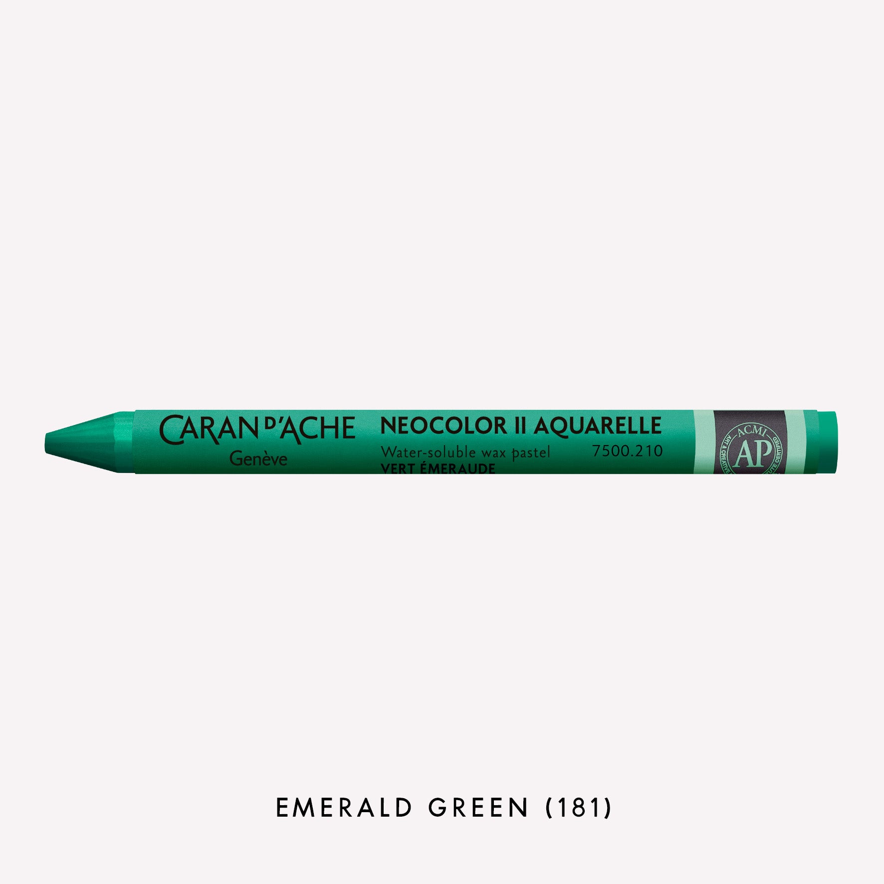 Caran d'Ache Neocolor II Aquarelle water-soluble wax pastel in Emerald Green (181) on a white background. 