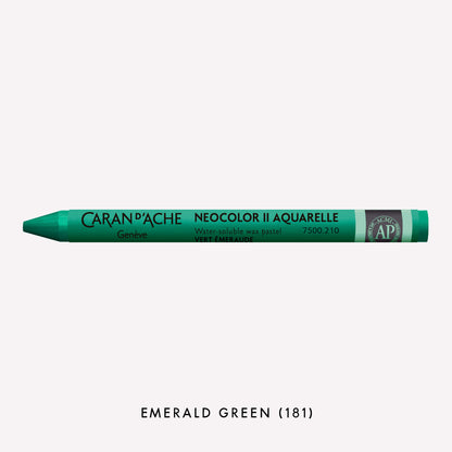 Caran d'Ache Neocolor II Aquarelle water-soluble wax pastel in Emerald Green (181) on a white background. 