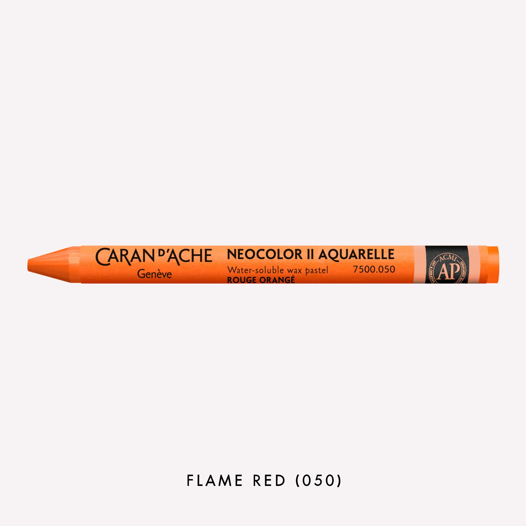 Caran d'Ache Neocolor II Aquarelle water-soluble wax pastel in Flame Red (050) on a white background. 