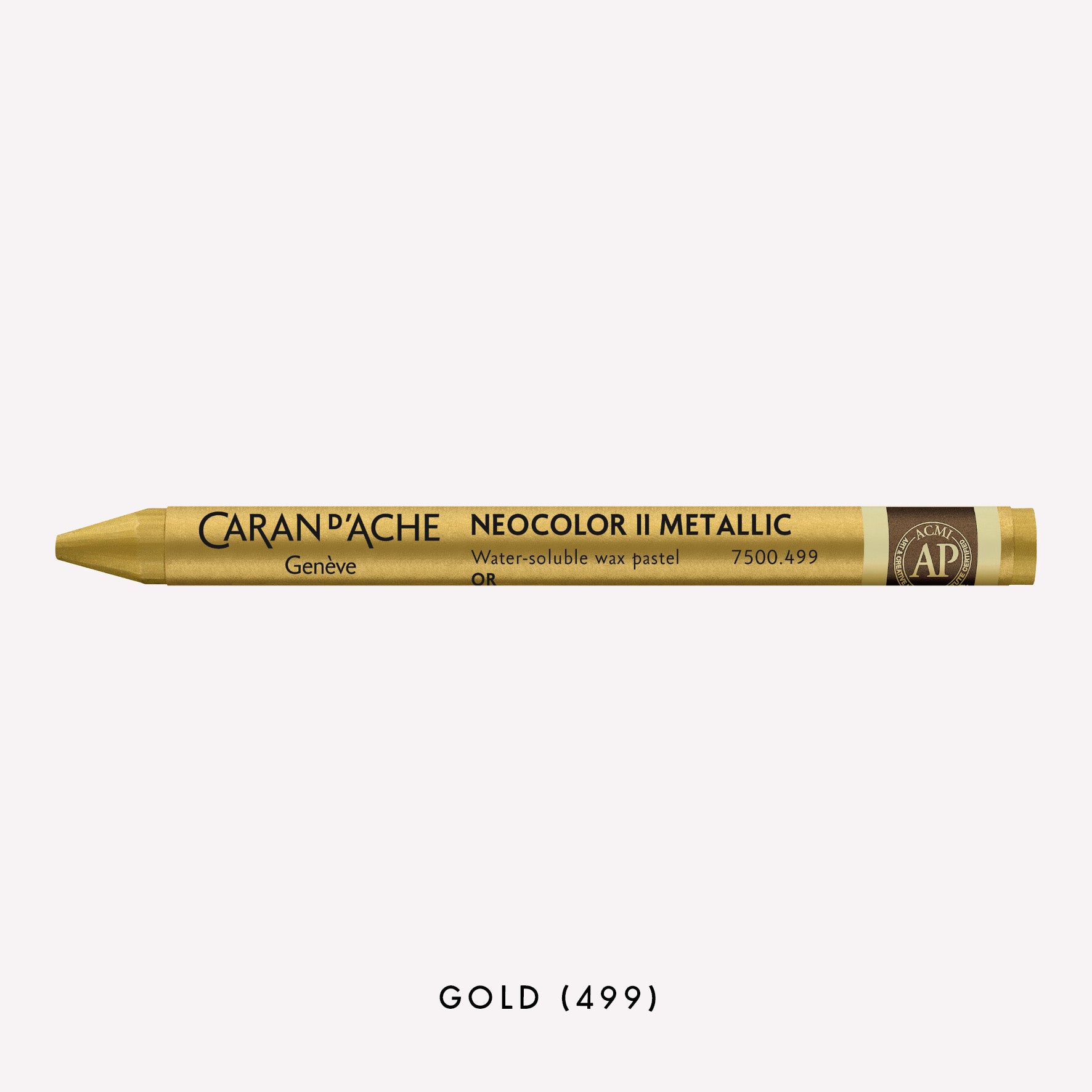 Caran d'Ache Neocolor II Aquarelle water-soluble wax pastel in Metallic Gold (499) on a white background. 