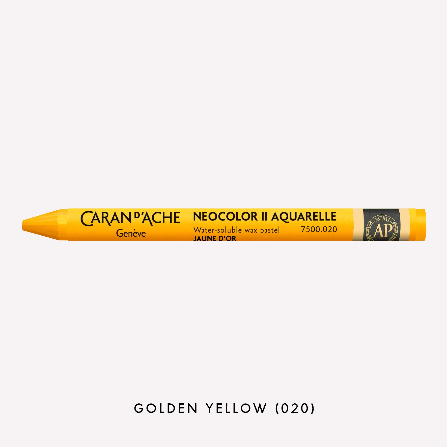 Caran d'Ache Neocolor II Aquarelle water-soluble wax pastel in Golden Yellow (020) on a white background. 