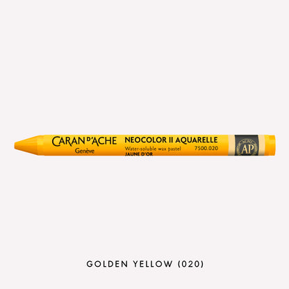 Caran d'Ache Neocolor II Aquarelle water-soluble wax pastel in Golden Yellow (020) on a white background. 
