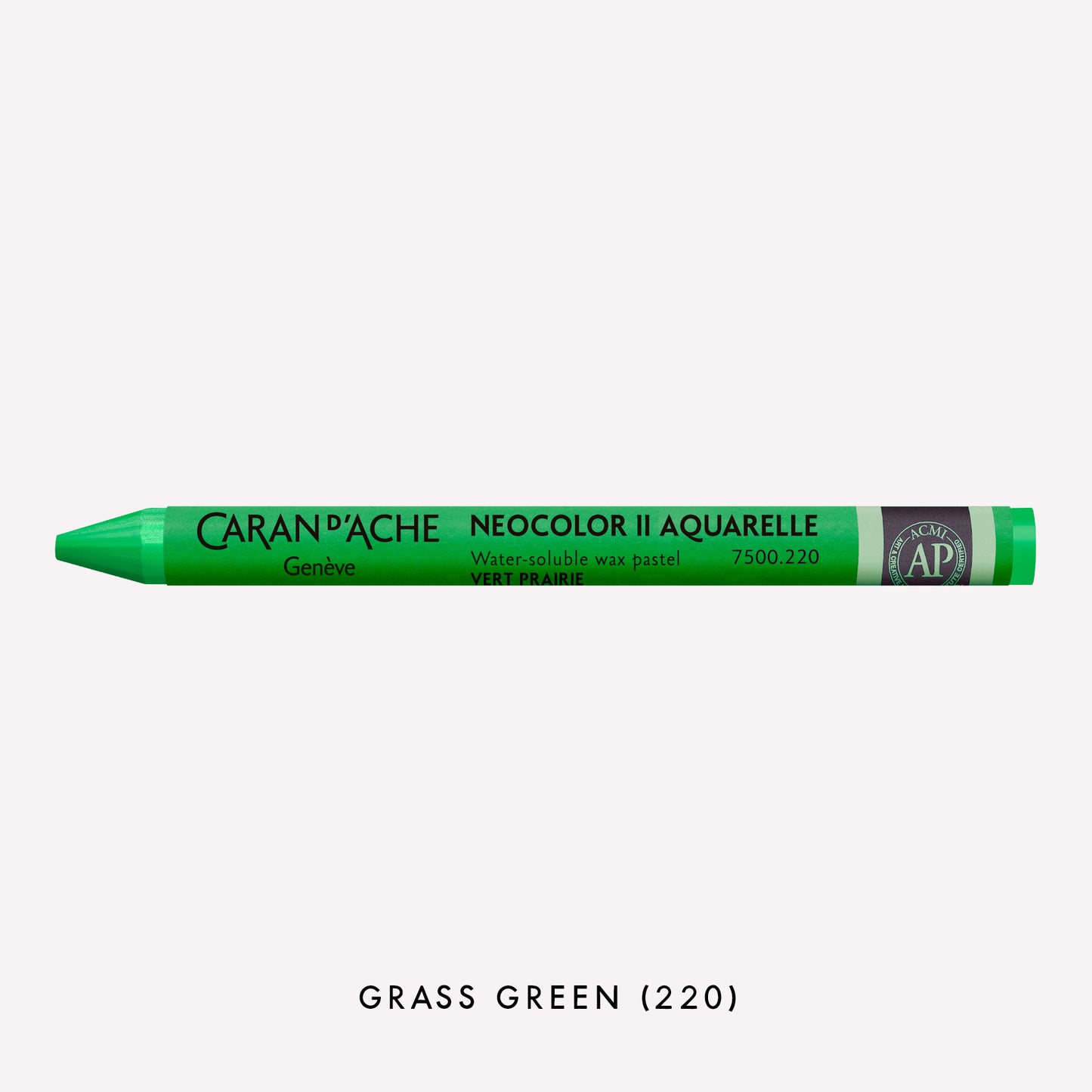 Caran d'Ache Neocolor II Aquarelle water-soluble wax pastel in Grass Green (220) on a white background. 
