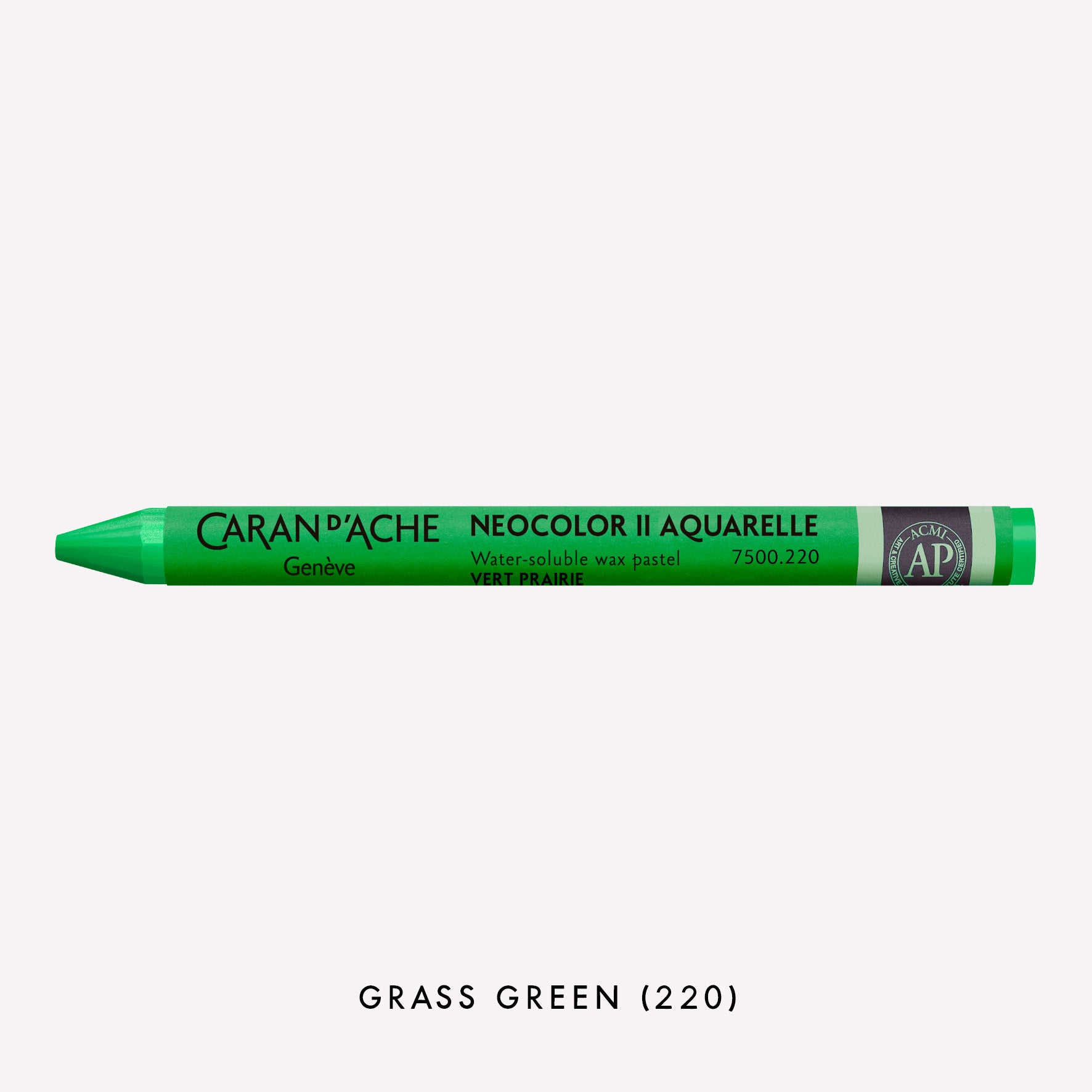 Caran d'Ache Neocolor II Aquarelle water-soluble wax pastel in Grass Green (220) on a white background. 