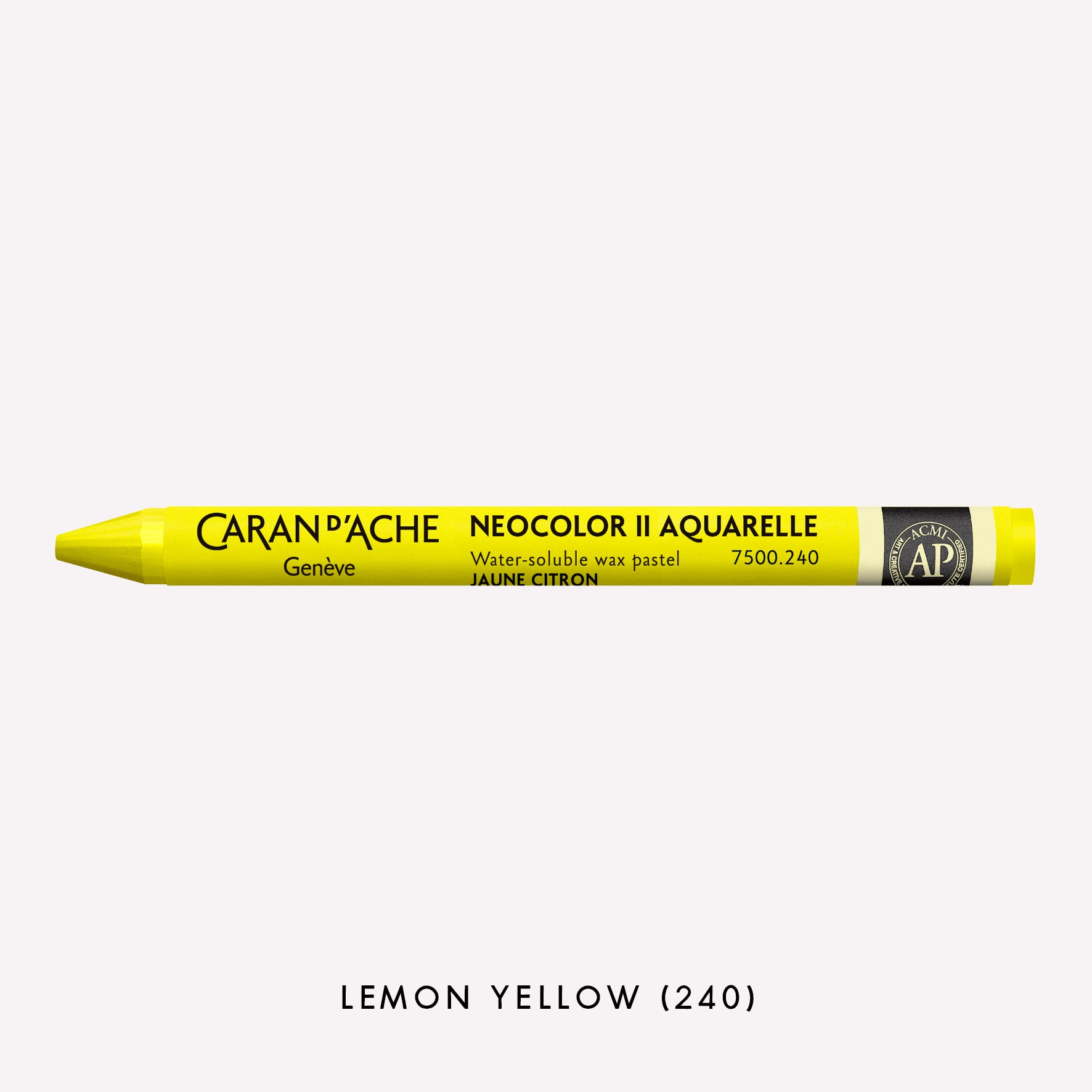 Caran d'Ache Neocolor II Aquarelle water-soluble wax pastel in Lemon Yellow (240) on a white background. 